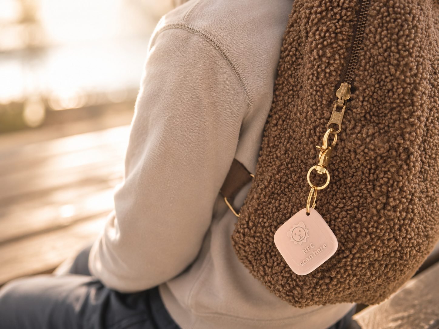 Tippi Anhänger mit goldenem Karabiner am Reißverschluss eines Kinderrucksacks