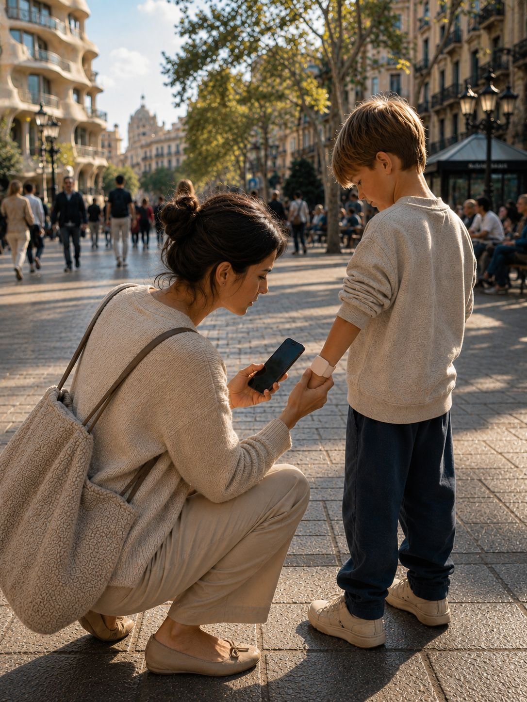 Erwachsene Person hält ein Handy an das Tippi am Handgelenk eines Kindes