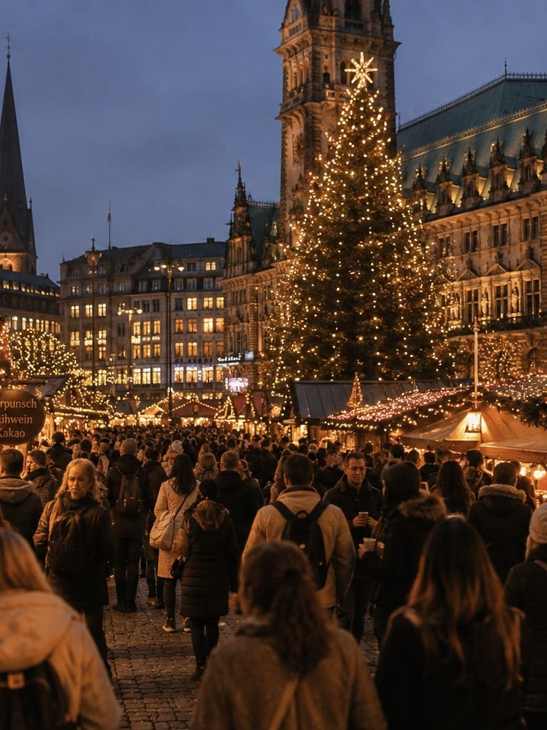 Weihnachtsmarkt am Abend mit dichter Menschenmenge