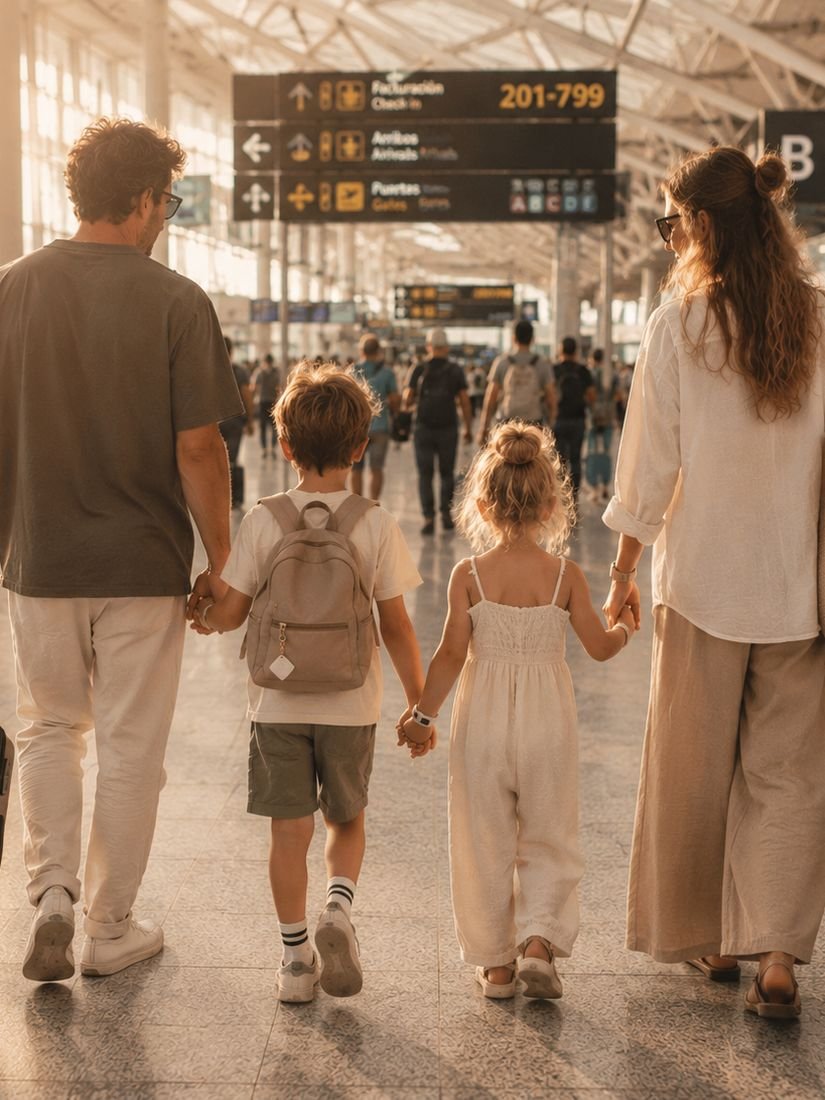 Familie mit Koffern und zwei Kindern in einer vollen Flughafenhalle