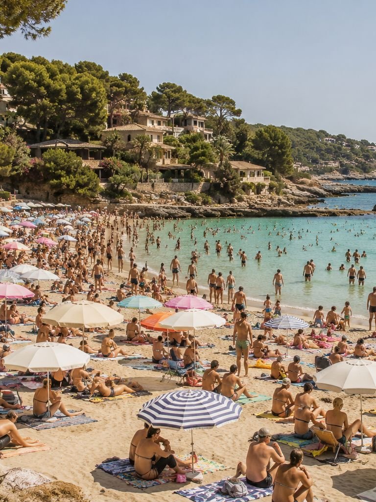 Voller Sandstrand mit vielen Sonnenschirmen und Badegaesten