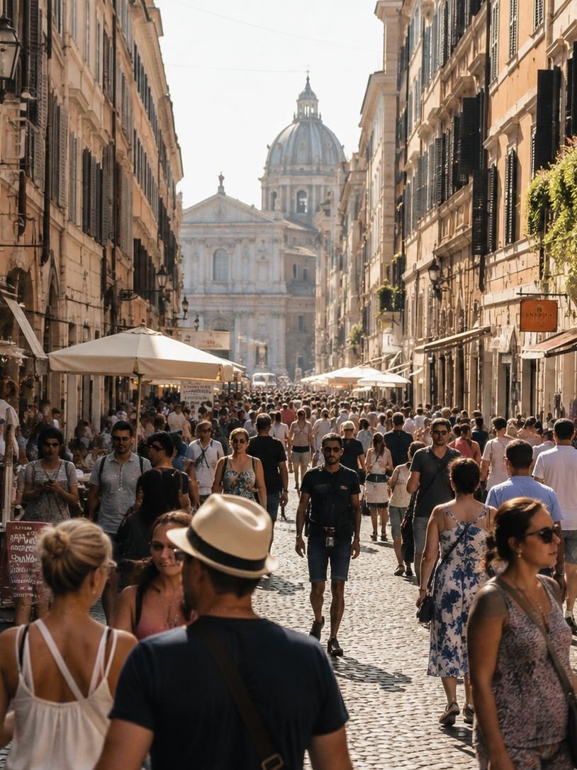 Enge Altstadtgasse voller Menschen an einem Sommertag