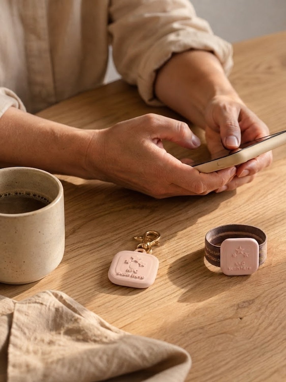 Elternteil richtet Tippi am Handy ein, daneben liegen ein Anhänger und ein Armband auf dem Tisch