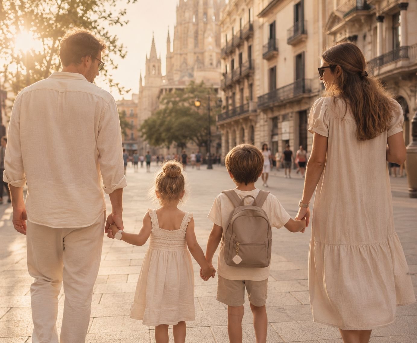 Familie geht Hand in Hand durch eine sonnige Altstadt, ein Kind trägt Tippi am Rucksack