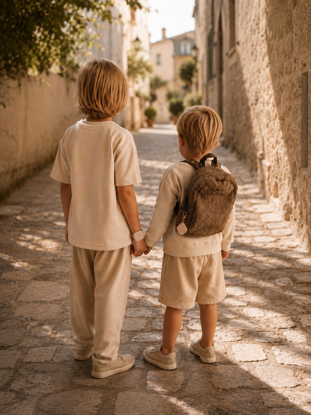 Zwei Kinder gehen Hand in Hand durch eine sonnige Altstadtgasse, an einem Rucksack hängt ein Tippi Anhänger